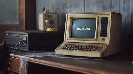 old computer on desk with cobwebs and 