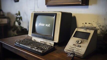 old computer on desk with cobwebs and 