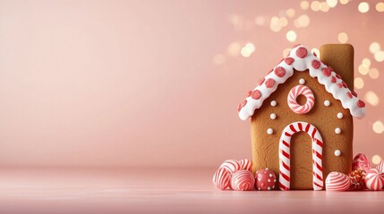 A decorated gingerbread house with candy accents on a soft pink background, evoking a festive and whimsical holiday spirit.