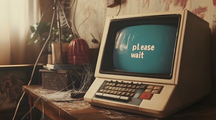 old computer on desk with cobwebs and 