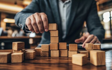 A focused illustration of a businessman carefully stacking wooden blocks on a table, with a blurred background that symbolizes the concepts of business organization and startups