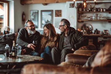 Happy family sitting on sofa and drinking wine in cozy home interior.