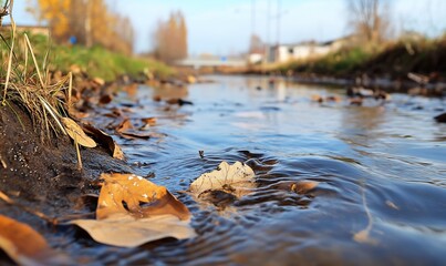 A serene stream with autumn leaves reflecting in the water.