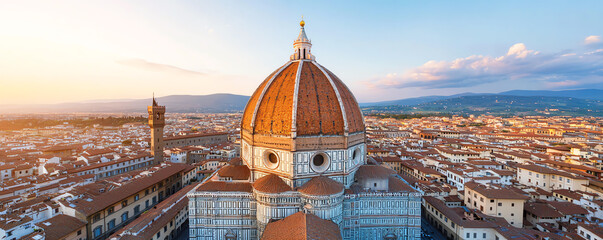 Stunning aerial view of Florence's iconic dome at sunset, vibrant cityscape background.