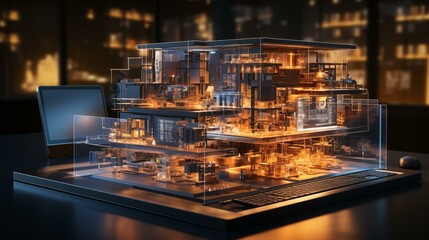Canvas Print - A computer monitor sits on a table next to a 3D model of a building