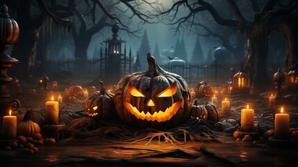 A pumpkin with a scary face is surrounded by other pumpkins and candles