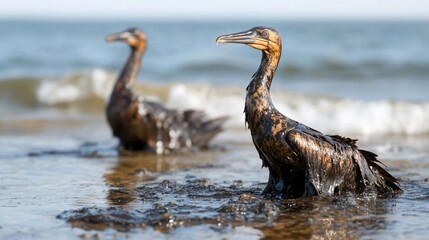 Two oil-covered birds struggling on a polluted shoreline.