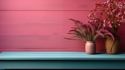 A pink wall with a blue shelf and two vases of flowers on it