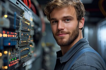 Portrait of a young technician working on electronic equipment in a modern facility.