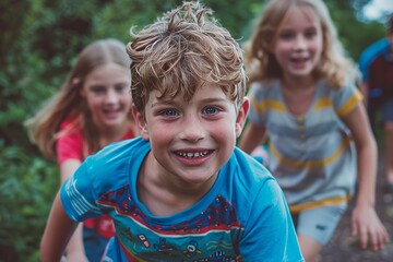 Portrait of a smiling boy on the background of children in the park