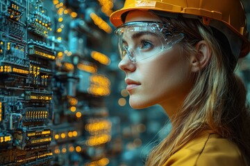 Profile of a female engineer with safety gear, working on advanced technology systems, showcasing innovation and determination.