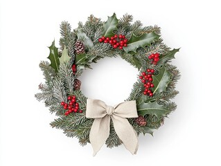 Festive holiday wreath with berries and pinecones on white background