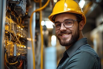 Smiling technician in hard hat working on electrical panel, showcasing expertise and safety in industrial environment.