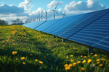 Solar panels and wind turbines on a sunny day in a green field with blooming dandelions under a blue sky.