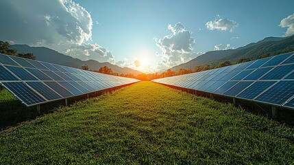 Solar panels in a vibrant landscape at sunrise, showcasing renewable energy and nature's beauty.