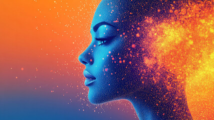 Profile of a beautiful woman made from glowing particles, with an orange and blue gradient background,