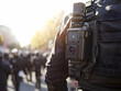 © Earny - Close-up of a police officer's body camera on a uniform in a crowd scene, emphasizing law enforcement technology.