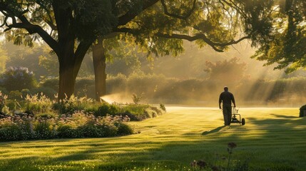 Poster - Man Mowing the Lawn on a Sunny Day