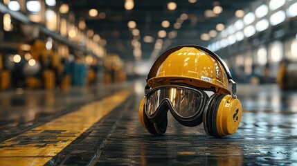 Yellow safety helmet and goggles positioned on the floor of an industrial facility.