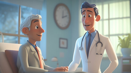 Poster - Compassionate 3D Cartoon Healthcare Scene Featuring an Empathetic Male Doctor Engaging with a Patient in a Warm Hospital Room  -