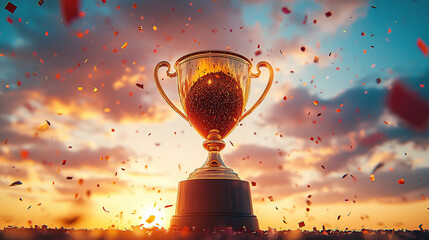 Golden trophy with confetti against a sky background. A winning concept