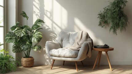 Cozy interior with a soft armchair wooden side table and lush green plants bathed in natural sunlight. Perfect for home decor comfort and relaxation themes.. Generative AI