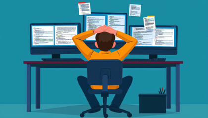 Poster - An overwhelmed individual sits at a desk, surrounded by multiple computer screens displaying complex information, expressing frustration.
