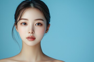 A portrait of a young woman with a serene expression against a soft blue background, showcasing natural beauty and elegance.