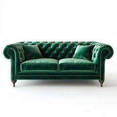 A luxurious velvet sofa with tufted back, high-end decor, 3D rendering, deep emerald green, isolated on white background 