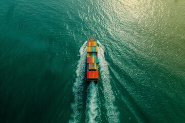 A cargo ship sailing on the water, viewed from above, import and export logistics cargo shipping transportation of goods by container ship on the open sea, cargo ship