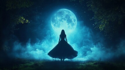 Wall Mural - enigmatic silhouette under a luminous full moon