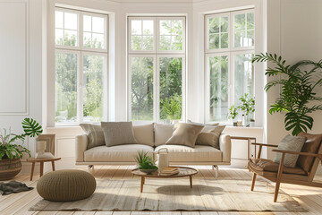 Scandinavian-inspired living room with white walls, a beige sofa, wooden armchairs, and indoor plants arranged near a large bay window. interior design concept 