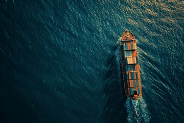 Wall Mural - A cargo ship sailing on the water, viewed from above, import and export logistics cargo shipping transportation of goods by container ship on the open sea, cargo ship