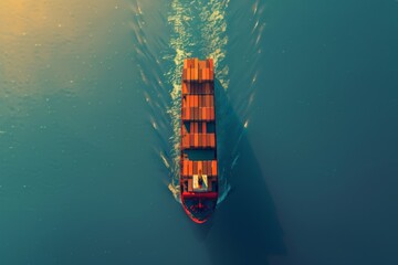 A cargo ship sailing on the water, viewed from above, import and export logistics cargo shipping transportation of goods by container ship on the open sea, cargo ship