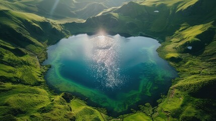 Poster - Aerial View of a Crystal Clear Lake Surrounded by Lush Green Mountains