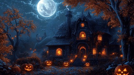 Wall Mural - a ghostly halloween night with eerie trees, glowing jack-o'-lanterns, and a spooky house illuminated