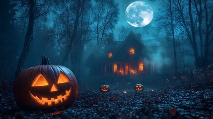 Wall Mural - a ghostly halloween night with eerie trees, glowing jack-o'-lanterns, and a spooky house illuminated