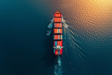 Wall Mural - A cargo ship sailing on the water, viewed from above, import and export logistics cargo shipping transportation of goods by container ship on the open sea, cargo ship