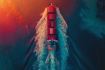 A cargo ship sailing on the water, viewed from above, import and export logistics cargo shipping transportation of goods by container ship on the open sea, cargo ship