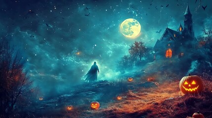 Wall Mural - a spooky halloween night scene in vintage folk style with glowing pumpkins, a ghostly figure, and a 