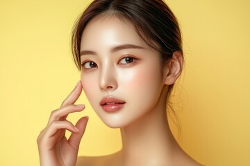 Portrait of a young woman touching her face against a vibrant yellow background, exuding beauty and confidence.