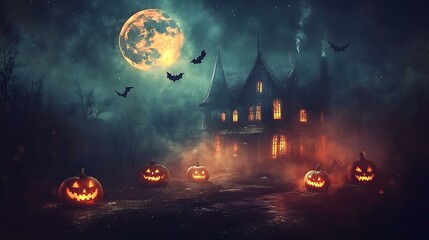 Poster - a vintage halloween night with glowing pumpkins, spooky bats, and a haunted house under a glowing mo