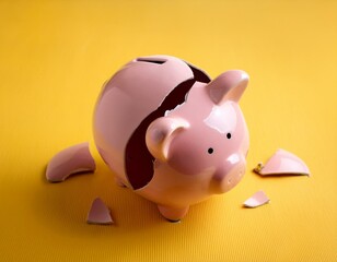 broken piggy bank on light yellow background