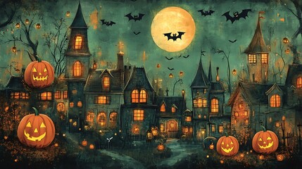 Wall Mural - a vintage folk art-style halloween night with haunted houses, grinning jack-o'-lanterns, and a full 