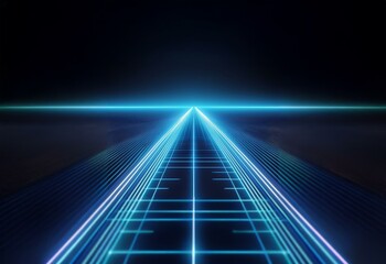 A grid of glowing blue lines leads to a bright light in the distance.