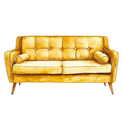 Wall Mural - A mid-century modern sofa with tapered legs, retro furniture design, watercolor illustration, mustard yellow, isolated on white background  