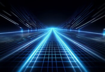 Wall Mural - a glowing blue path extends into the distance, lined by white lights, and set against a black backdr