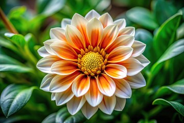 Close-up of a white and orange flower with green leaves