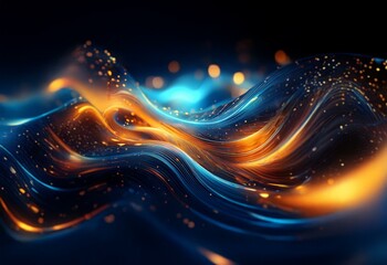 Abstract glowing waves with a dark background and blue and orange hues.