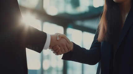 A close-up image capturing the moment of a professional handshake between two individuals, showcasing their confident expressions and formal attire, with a blurred office setting in the background.